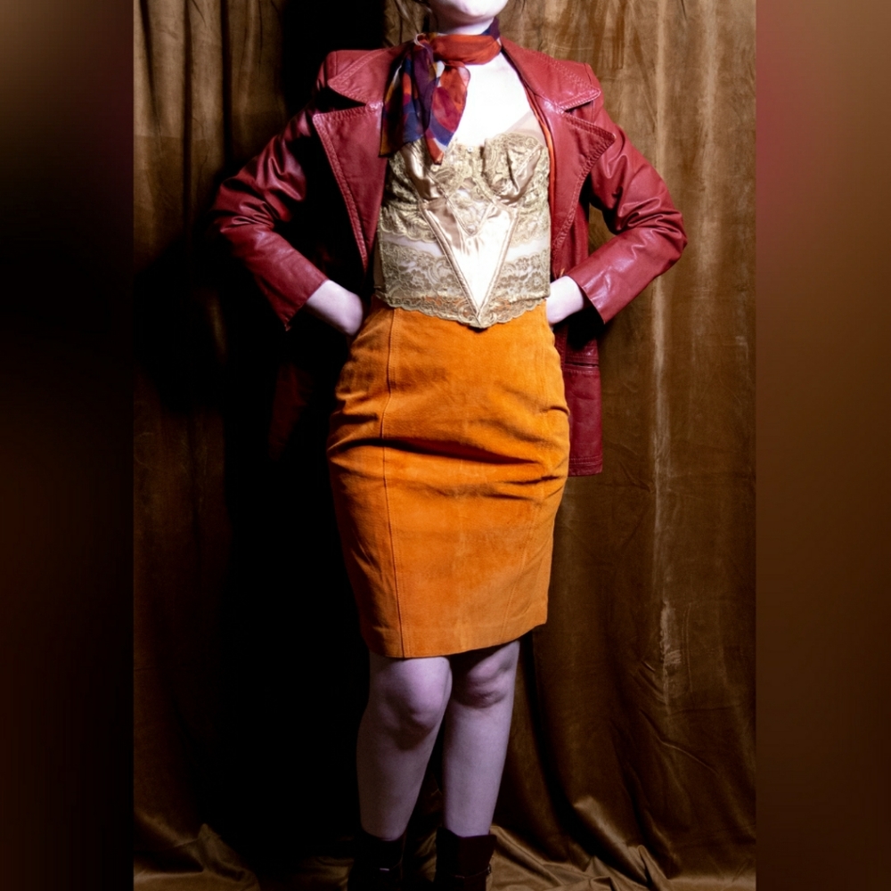 Orange Suede Leather High Waisted Midi Skirt